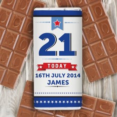 Hampers and Gifts to the UK - Send the Personalised Blue Star 21st Birthday Chocolate Bar